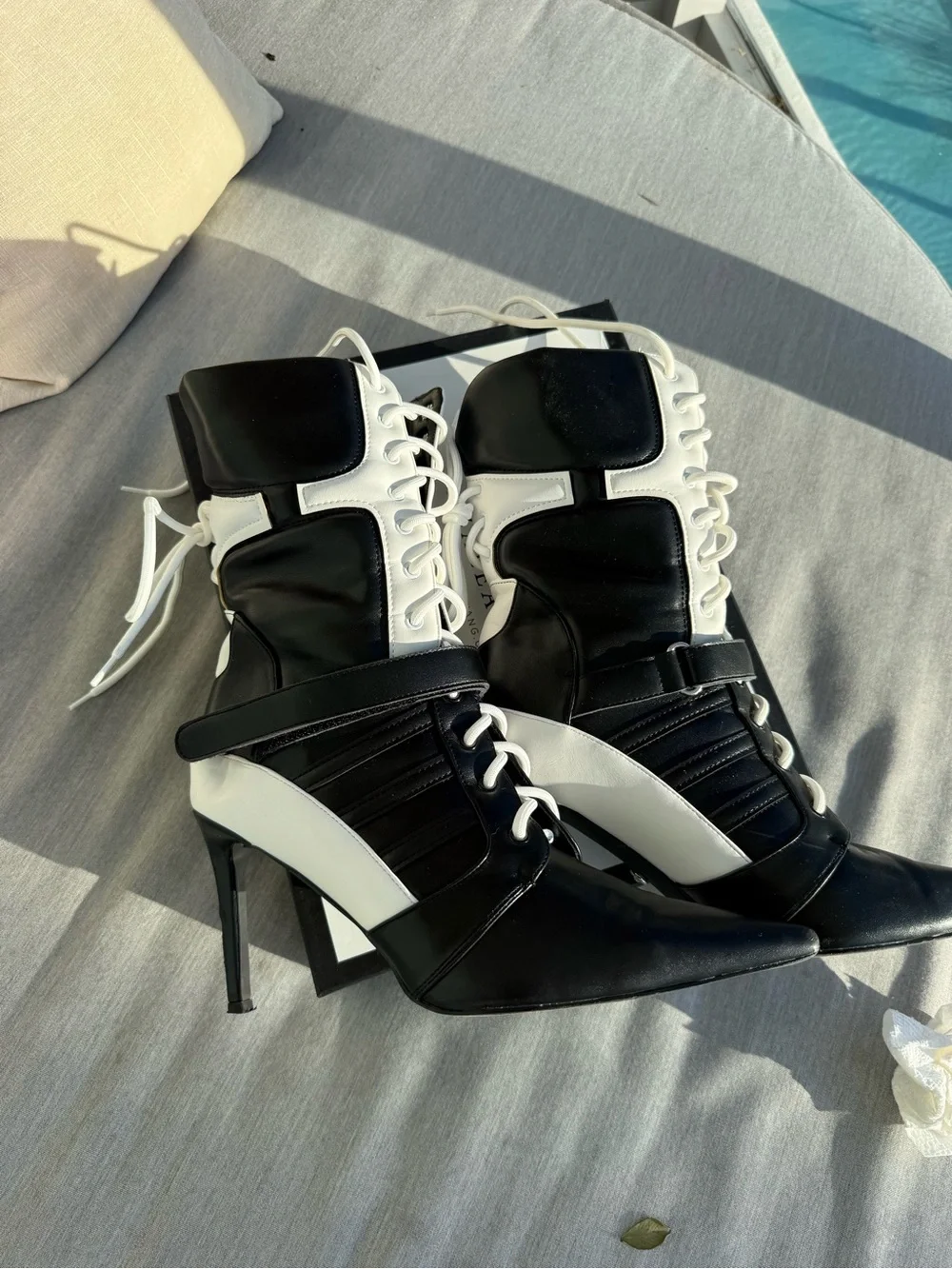 Black & White Lace-Up Pointed Stiletto Boots by Azaïa Wang - Picture 2 of 6